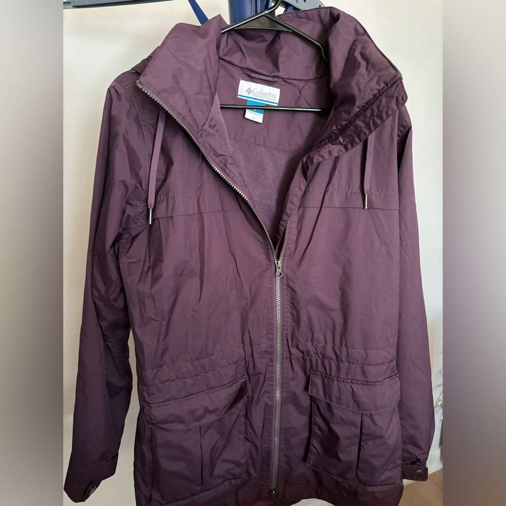 Columbia Purple Hooded Jacket Fleece Lined Cinchable Waist Mid-thigh length XL